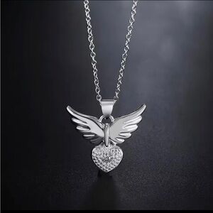 Silver Angel Wings Heart Pendant Necklace - Women Jewelry